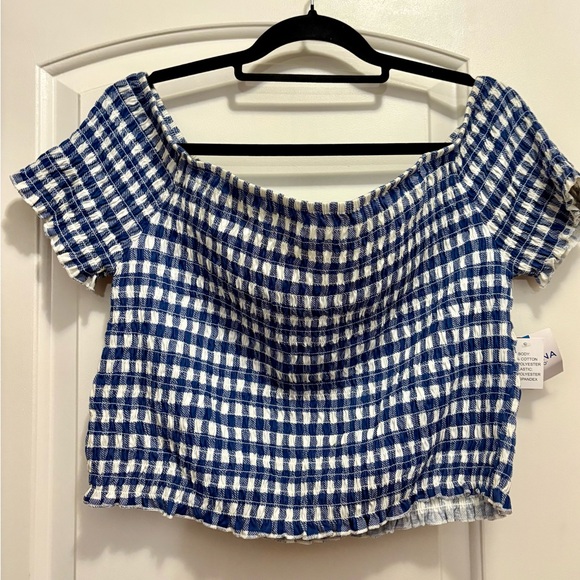 Arizona Jean Company Blue and White Plaid Off-Shoulder Top - Picture 2 of 5